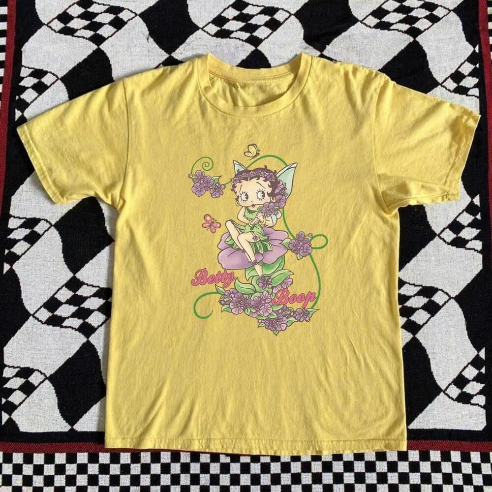 Yellow Betty Boop Graphic Tee With Purple Flowers